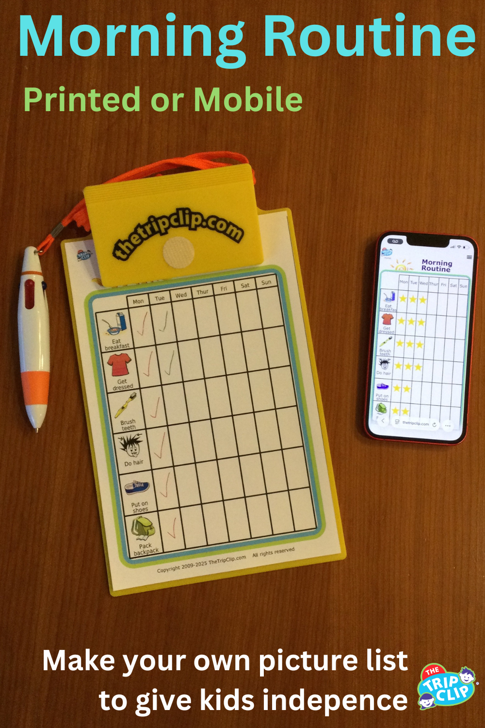 Weekly morning routine picture checklist for kids shown on clipboard and phone