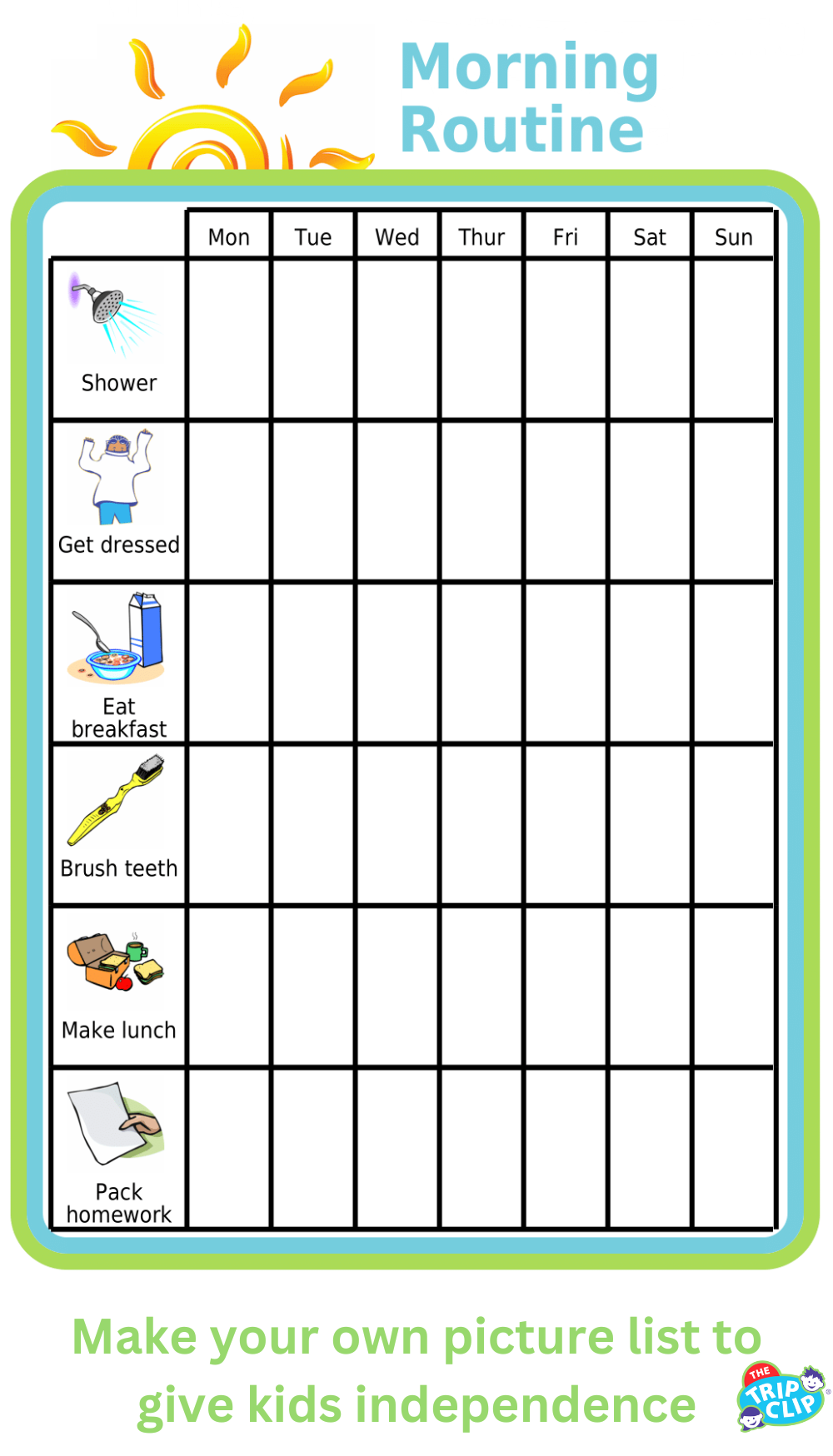 Weekly morning routine picture checklist for kids