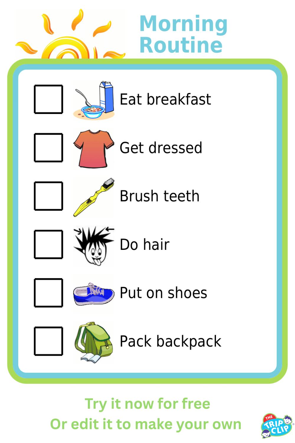 Morning routine picture checklist for kids