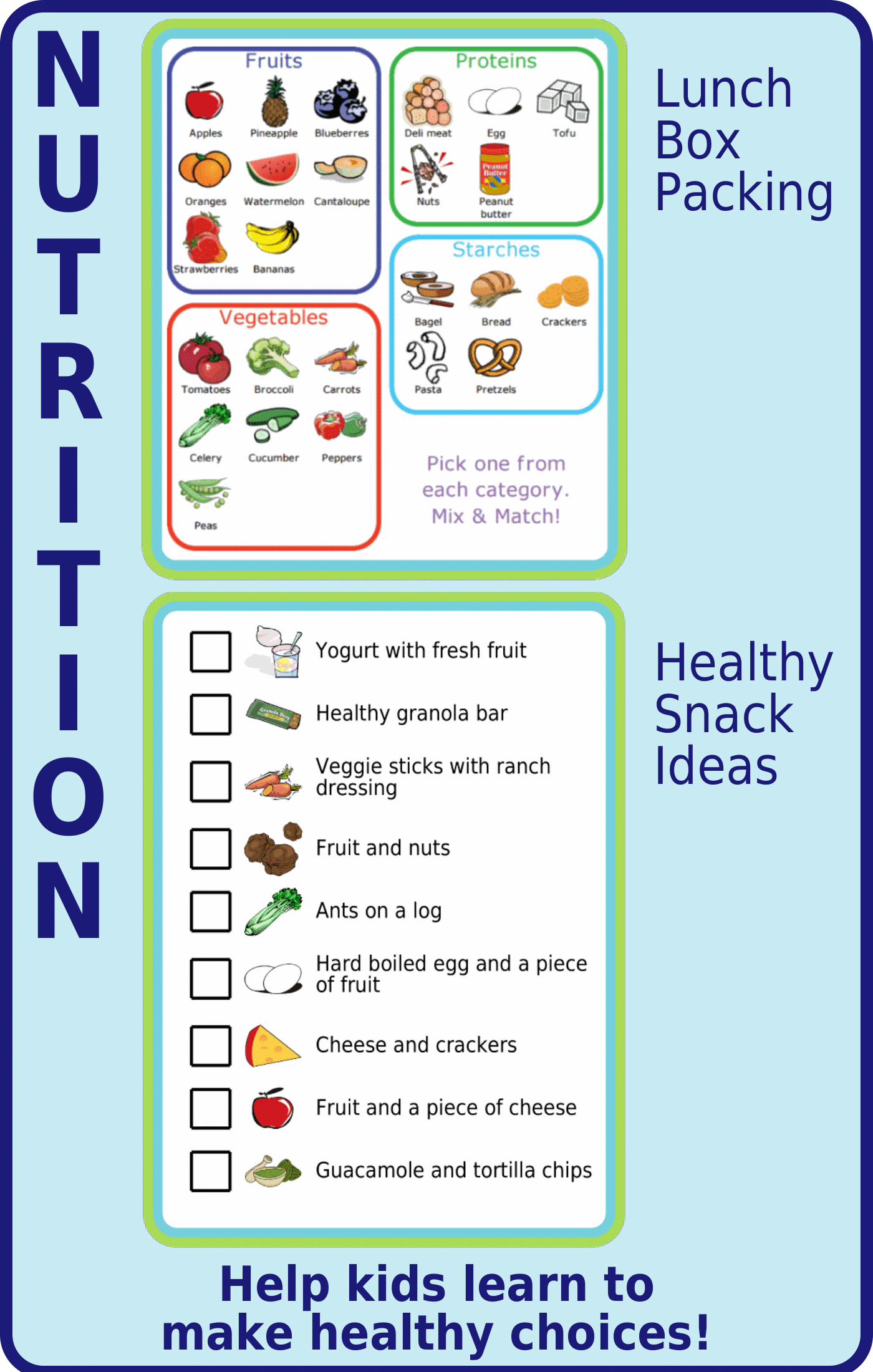 2 Picture checklists: lunch box packing and healthy snack ideas