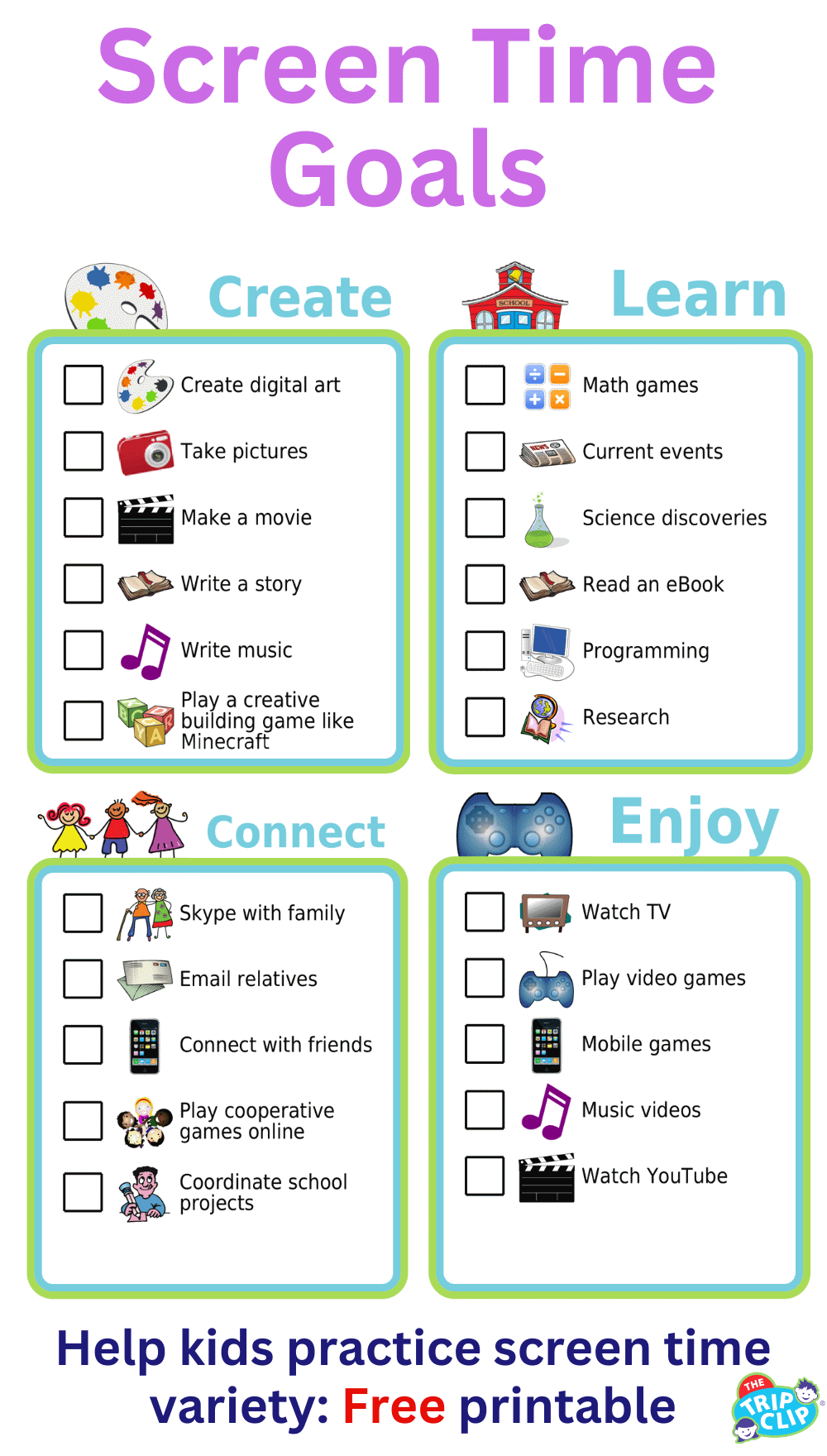Picture checklists for optimizing screen time. Use screens to create, learn, connect, and entertain.