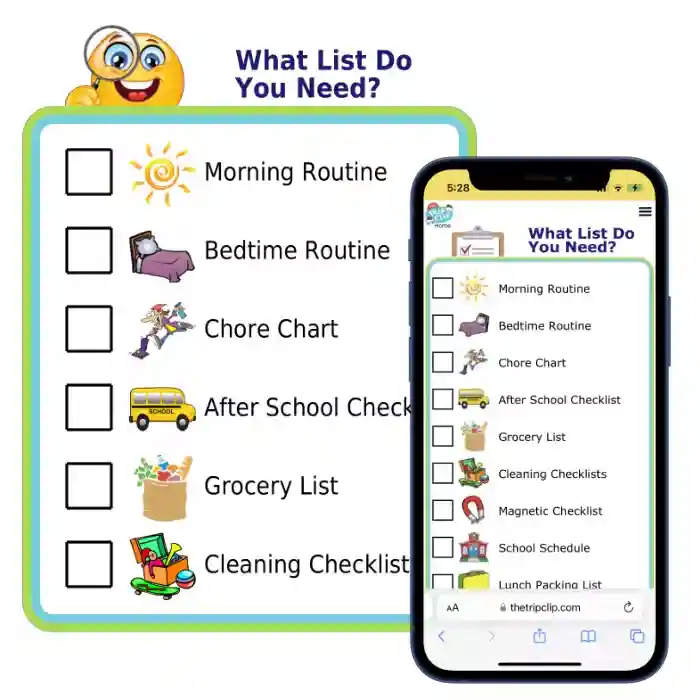 12 picture checklists: morning, bedtime, after school, chores, grocery, cleaning, packing, lunch box, school, potty training, magnetic