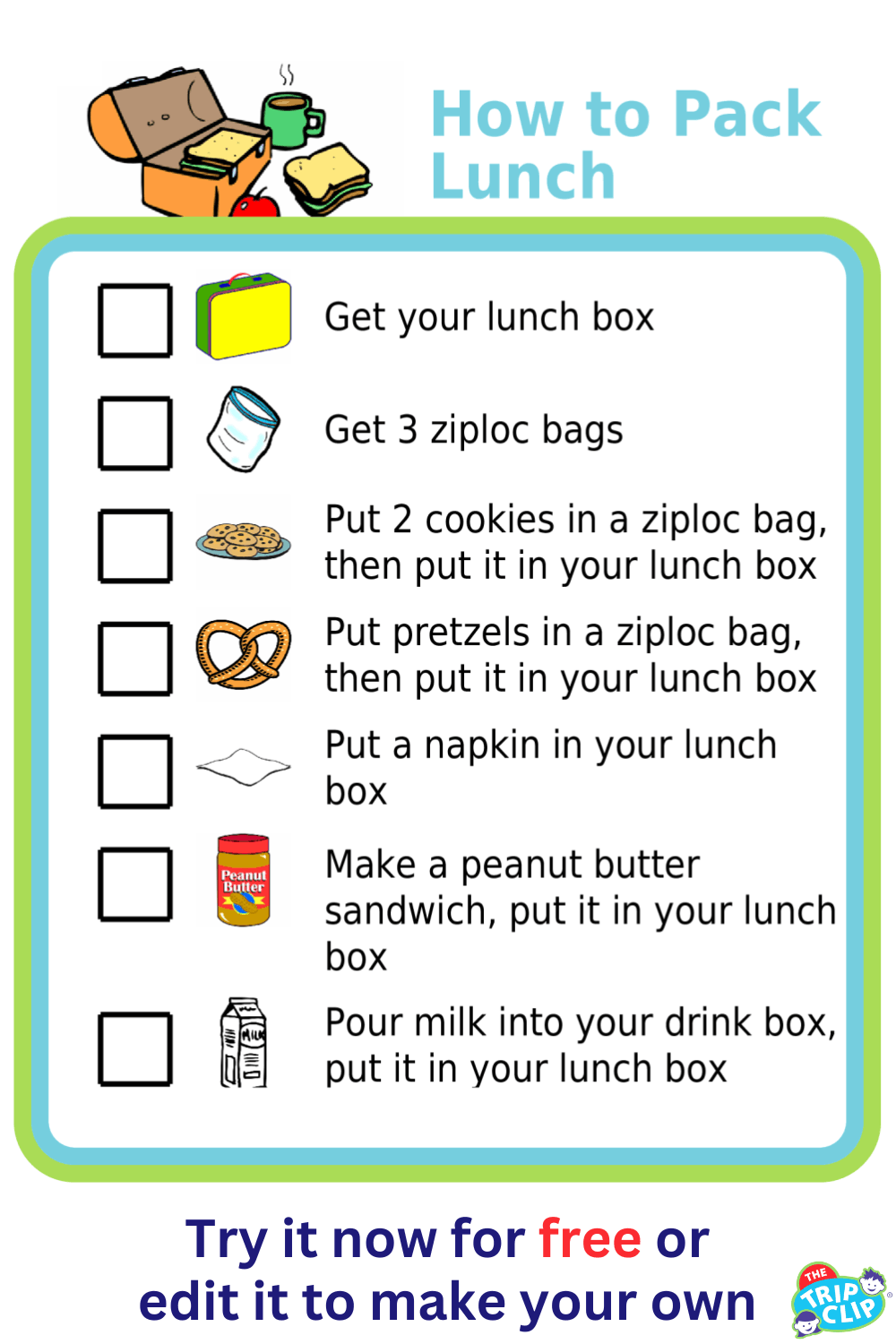 Picture checklist for how to pack lunch