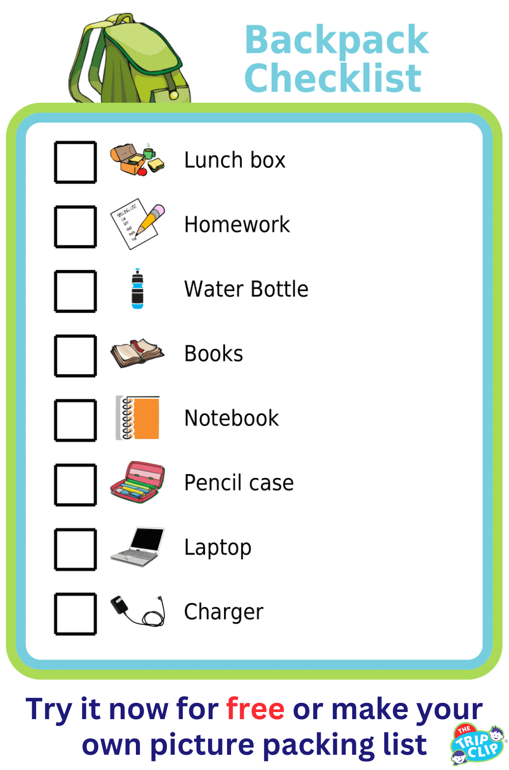 Picture checklist for items needed in a school backpack