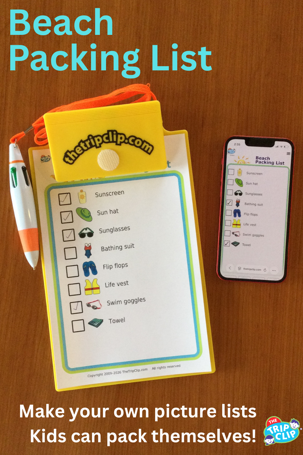 Picture checklist for heading to the beach with kids, shown on clipboard and iPhone