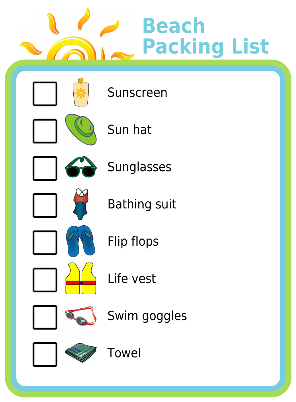 Picture checklist for heading to the beach with kids
