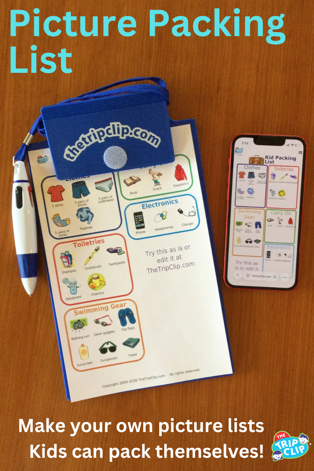 Packing list for kids categorized into clothes, swimming gear, electronics, toiletries, and carry-on, shown on clipboard and iPhone