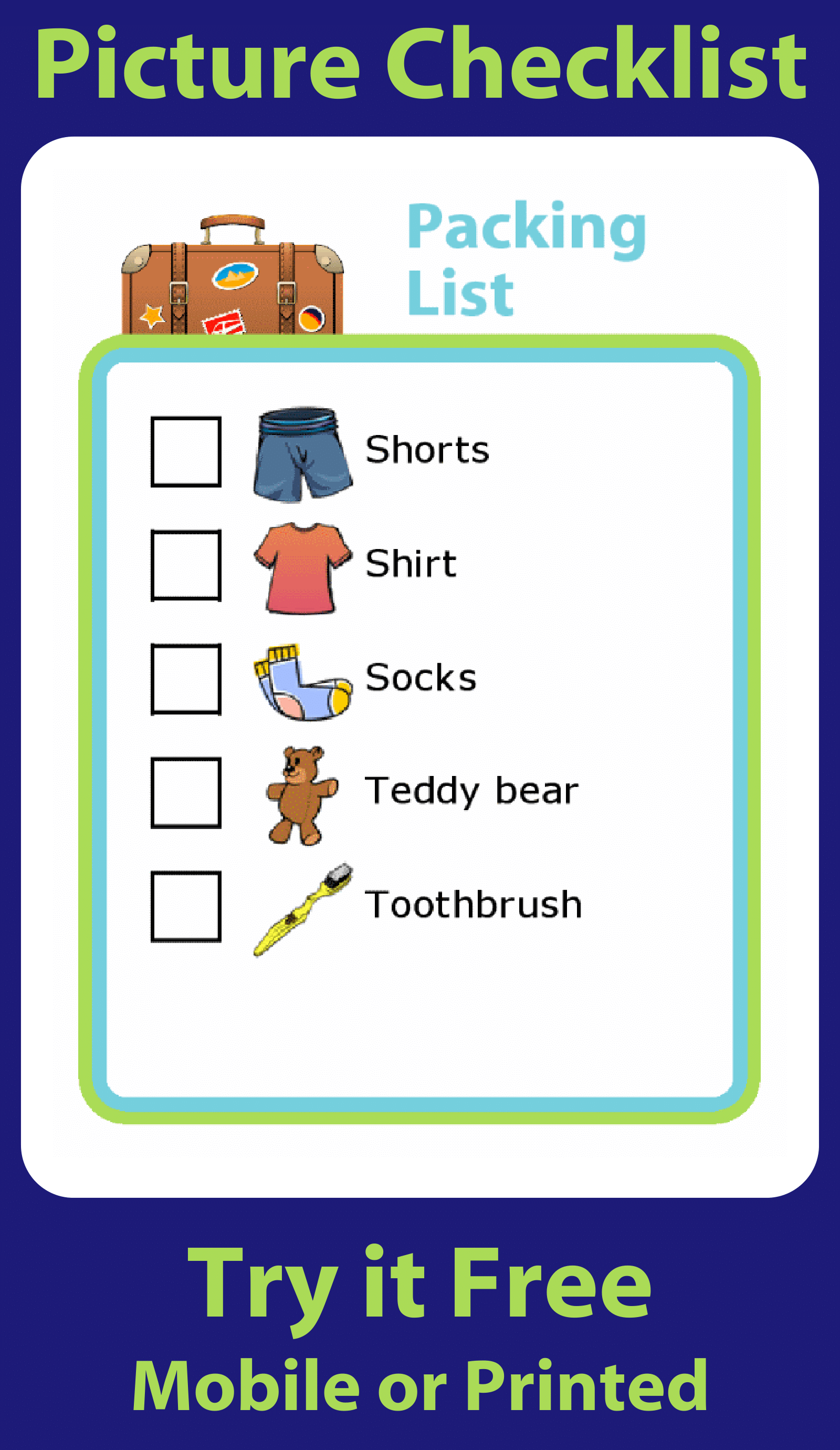 Picture checklist so kids can pack for your next trip