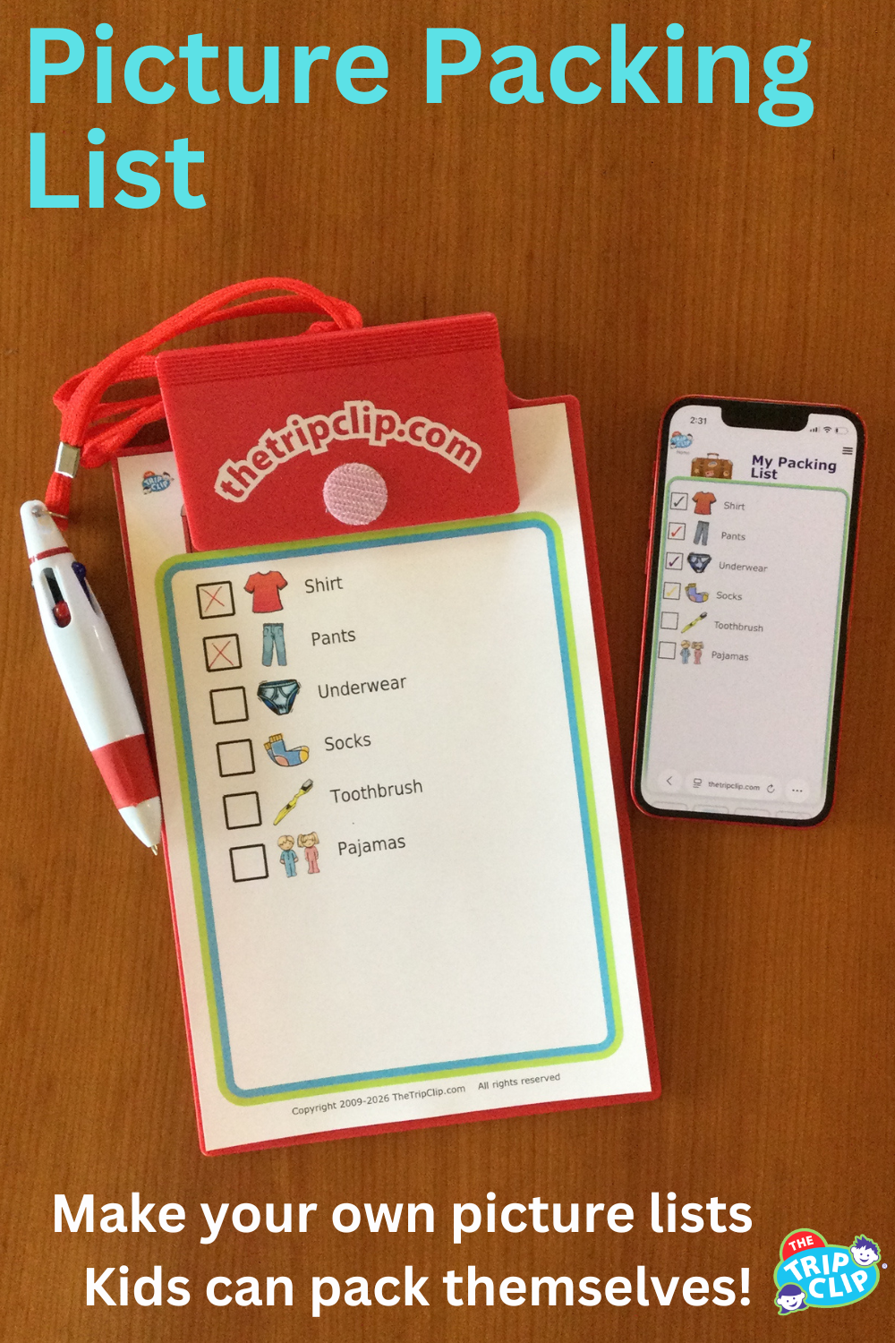 Picture checklist so kids can pack for your next trip, shown on clipboard and iPhone