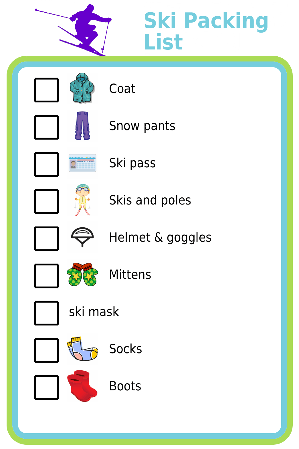 Make any picture checklist then print, laminate, magnetize, or use it on a mobile device.