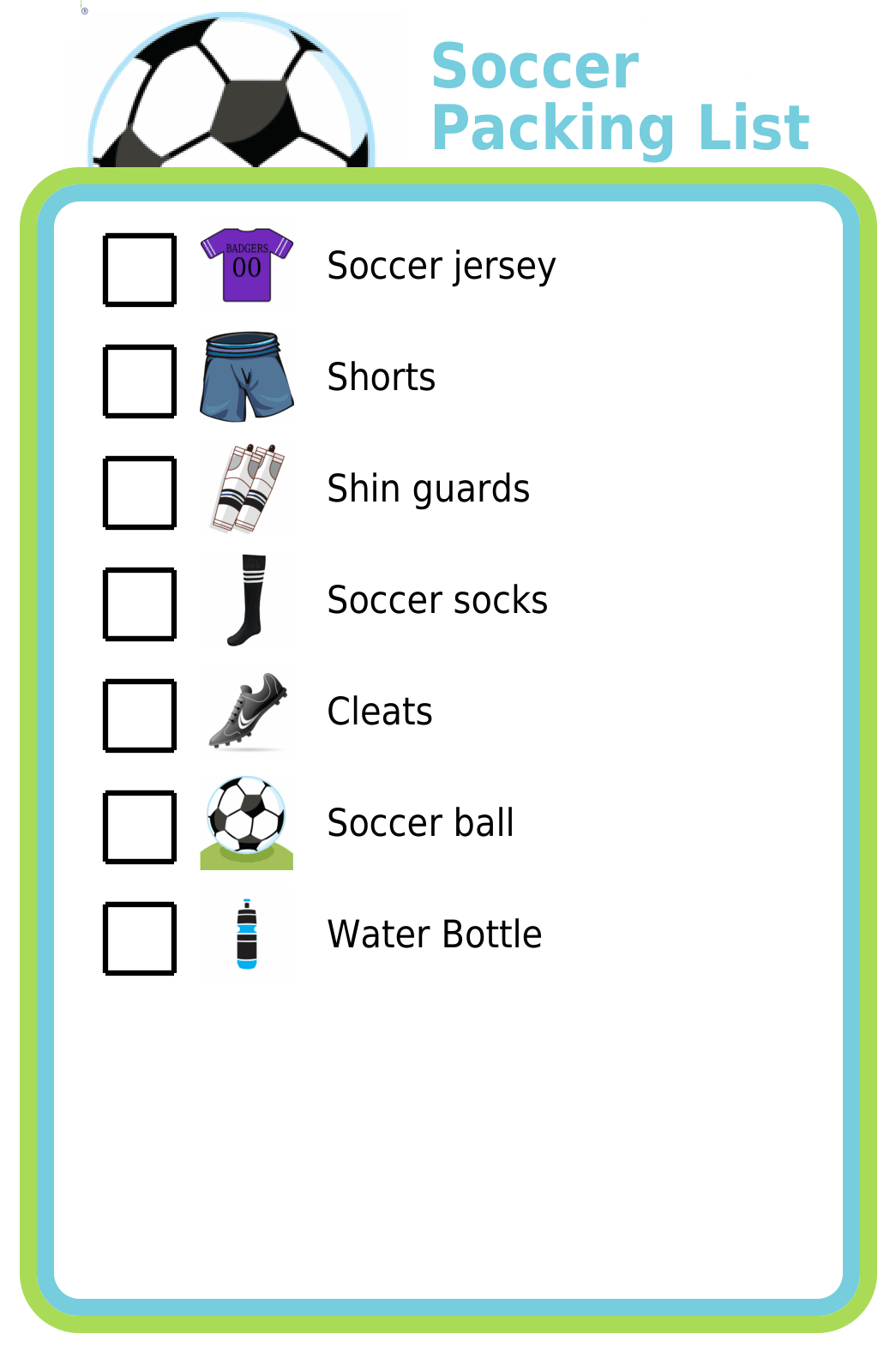 Picture checklist of a soccer packing list