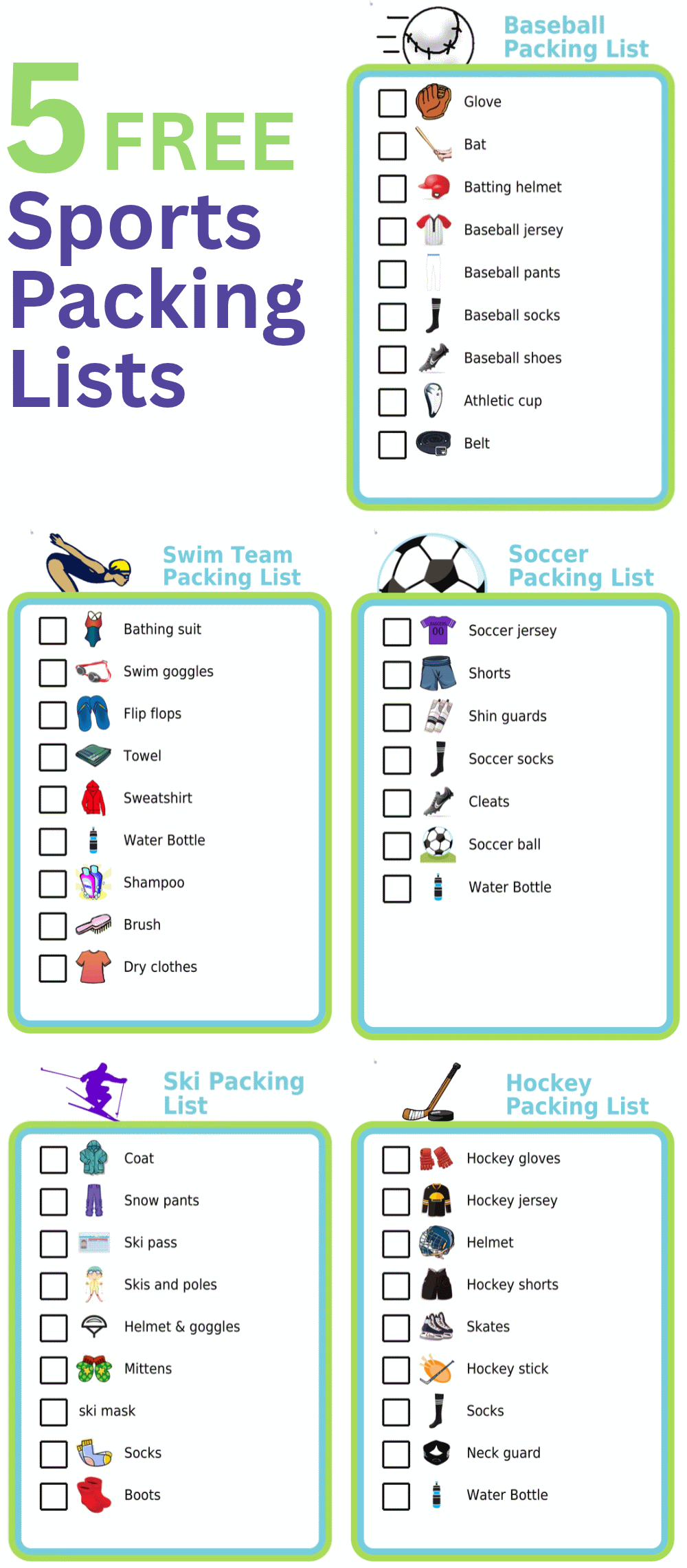Picture checklists for making baseball, hockey, swim team, or ski packing lists