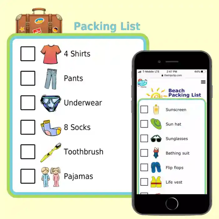 Printable picture packing checklist overlaid by picture list on iPhone