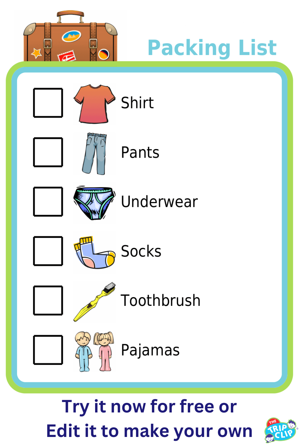 Picture checklist so kids can pack for your next trip