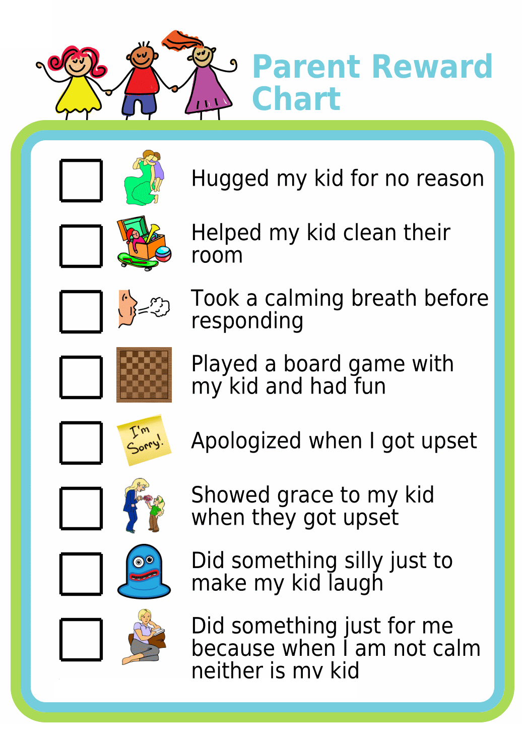 Picture checklists reminding parents to hug their kids and show them grace
