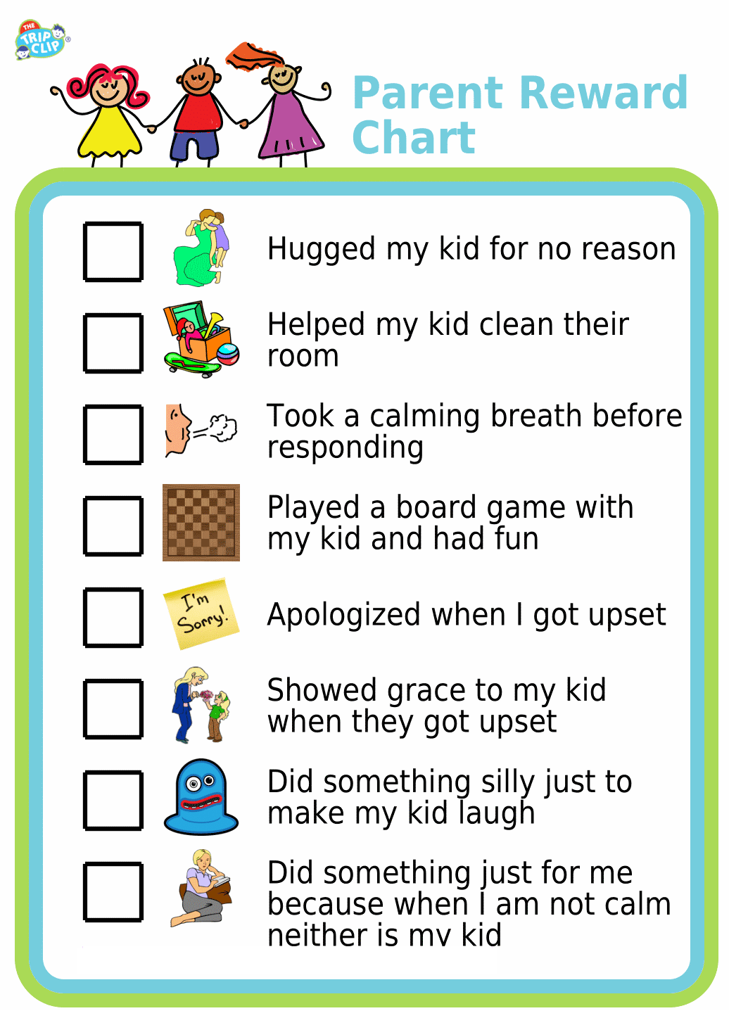 Picture checklists reminding parents to hug their kids and show them grace