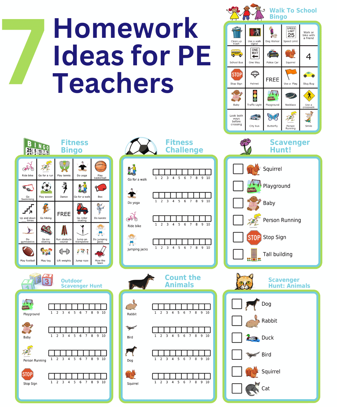Fitness & walk to school BINGO boards, scavenger hunts and fitness challenge printable