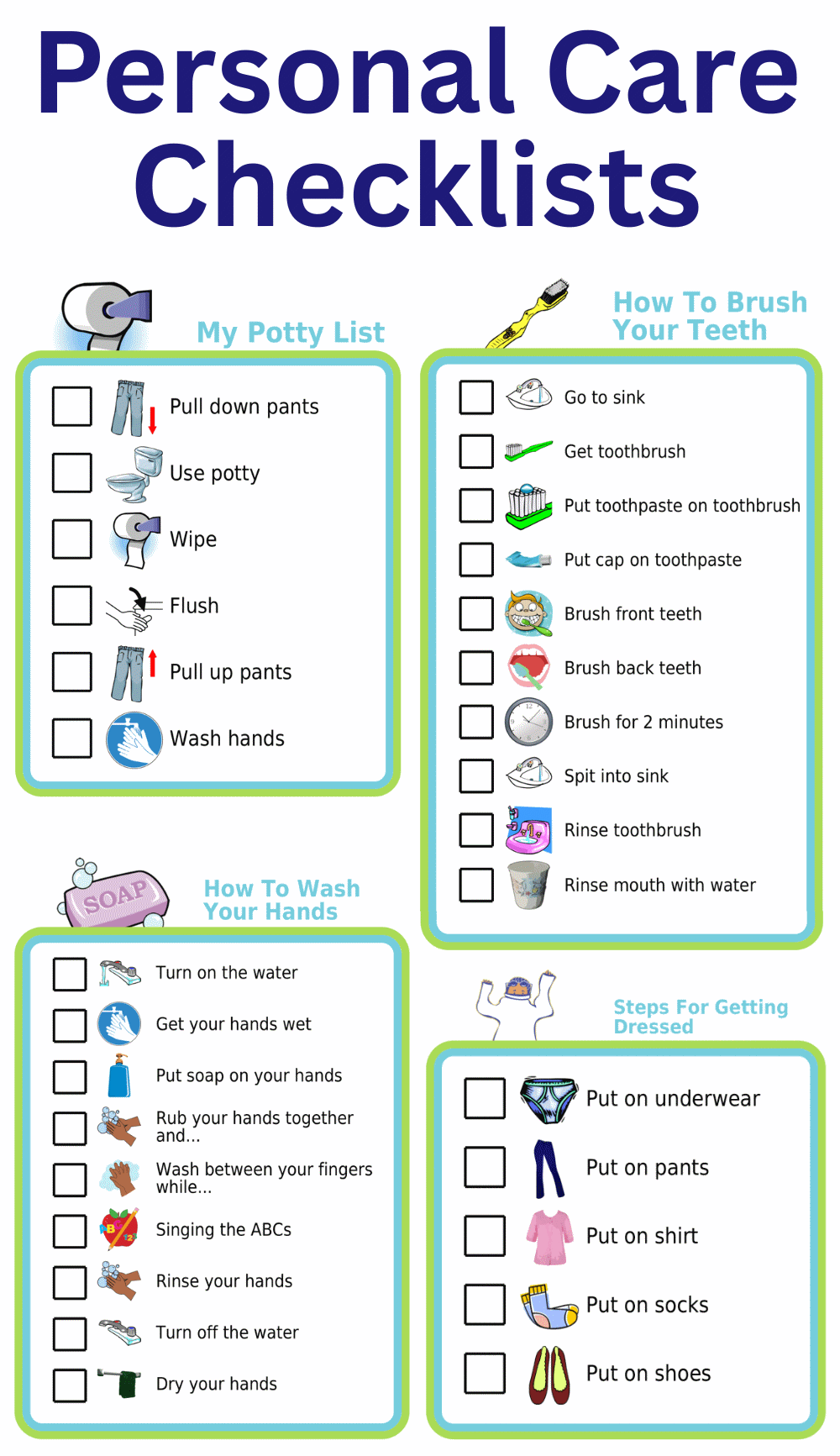 Personal care picture checklists: wash hands, get dressed, potty training, brush teeth