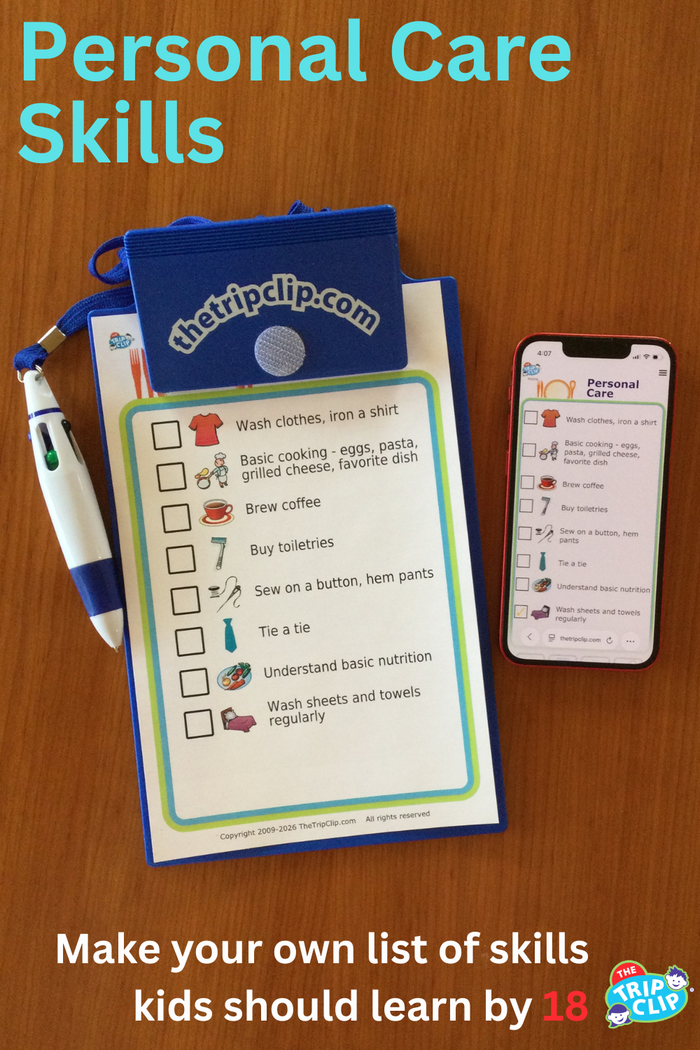 Picture checklists showing 8 personal care skills for 18-year-olds, shown on clipboard and iPhone