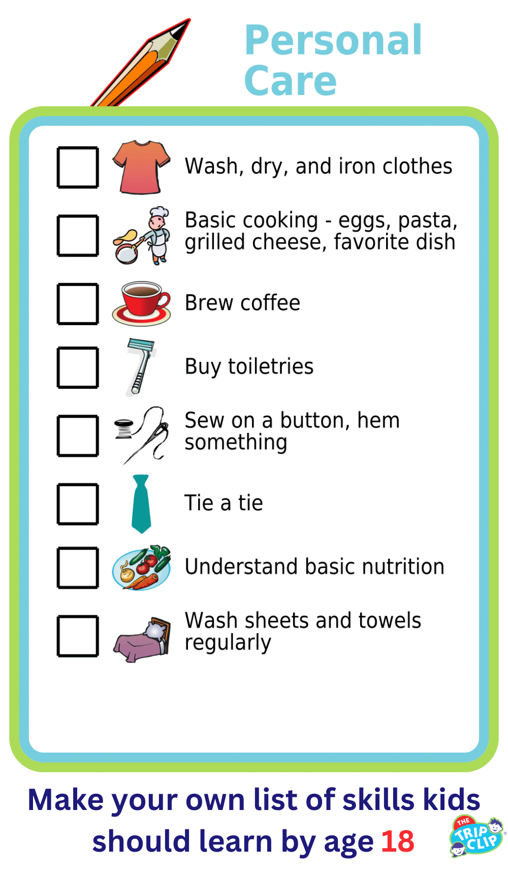 Picture checklists showing 8 personal care skills for 18-year-olds