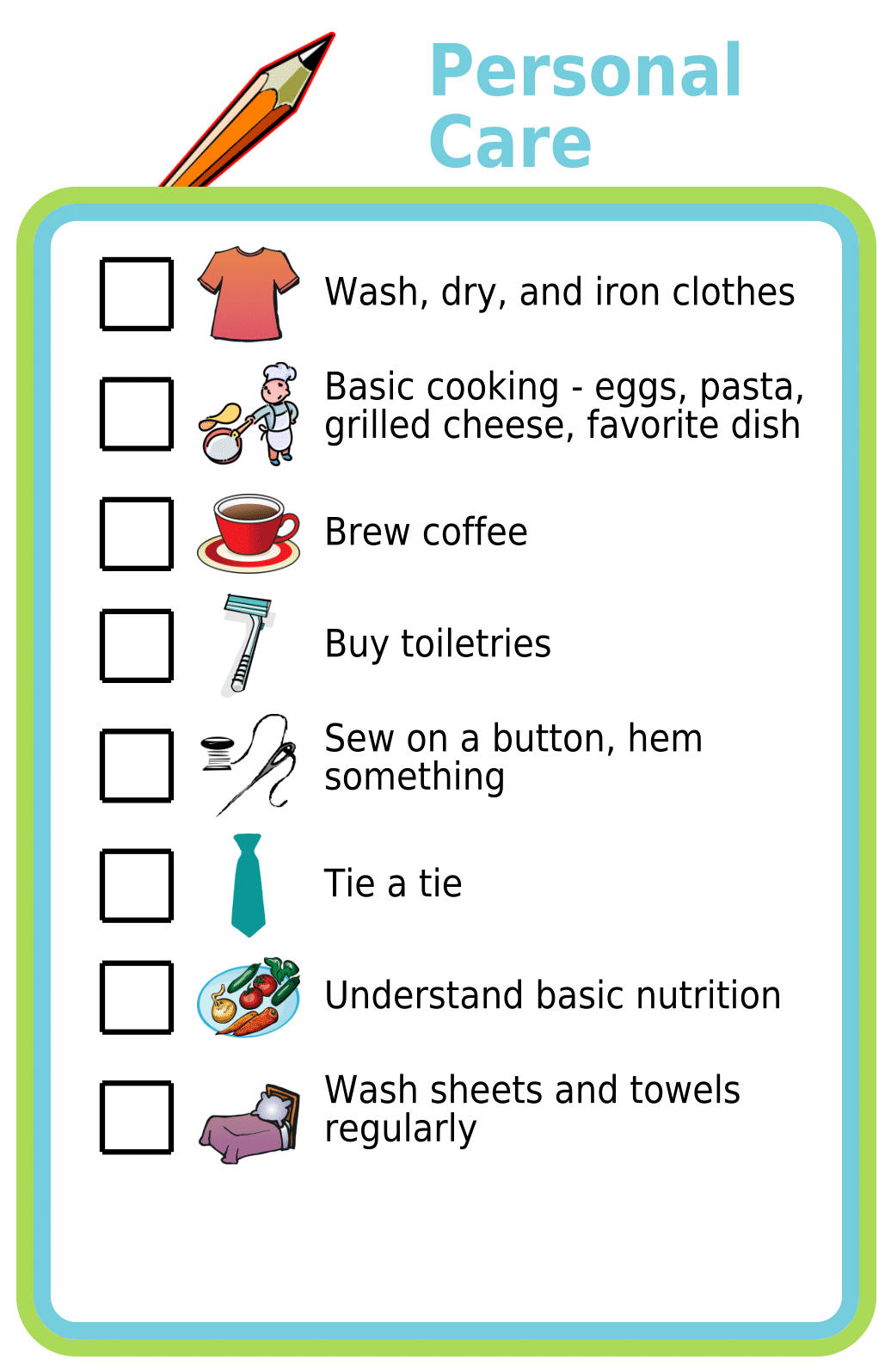 Picture checklists showing 8 personal care skills for 18-year-olds