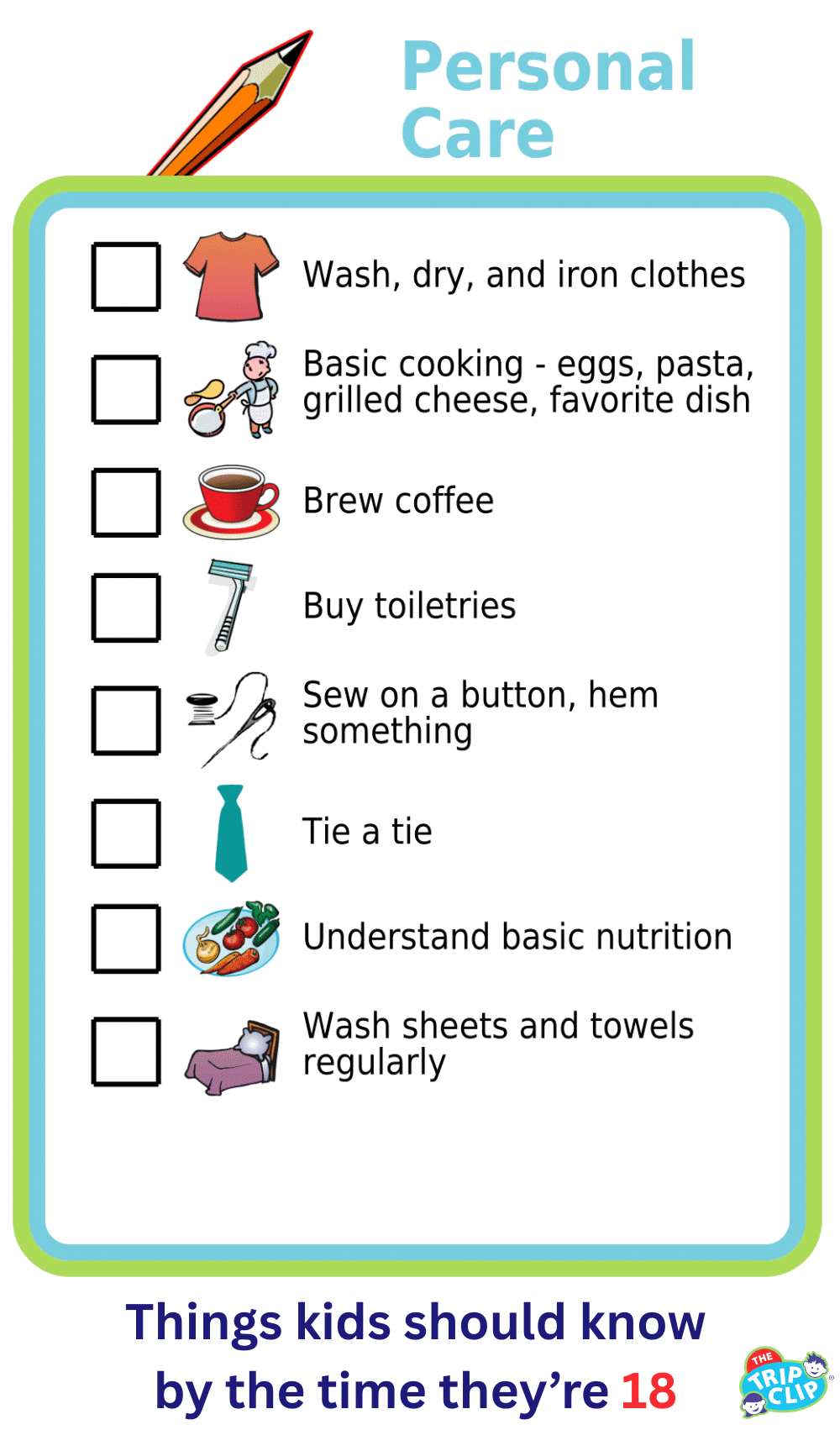 Picture checklists showing 8 personal care skills for 18-year-olds