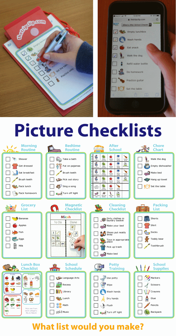 kid-sized clipboard or phone with lots of different picture checklists