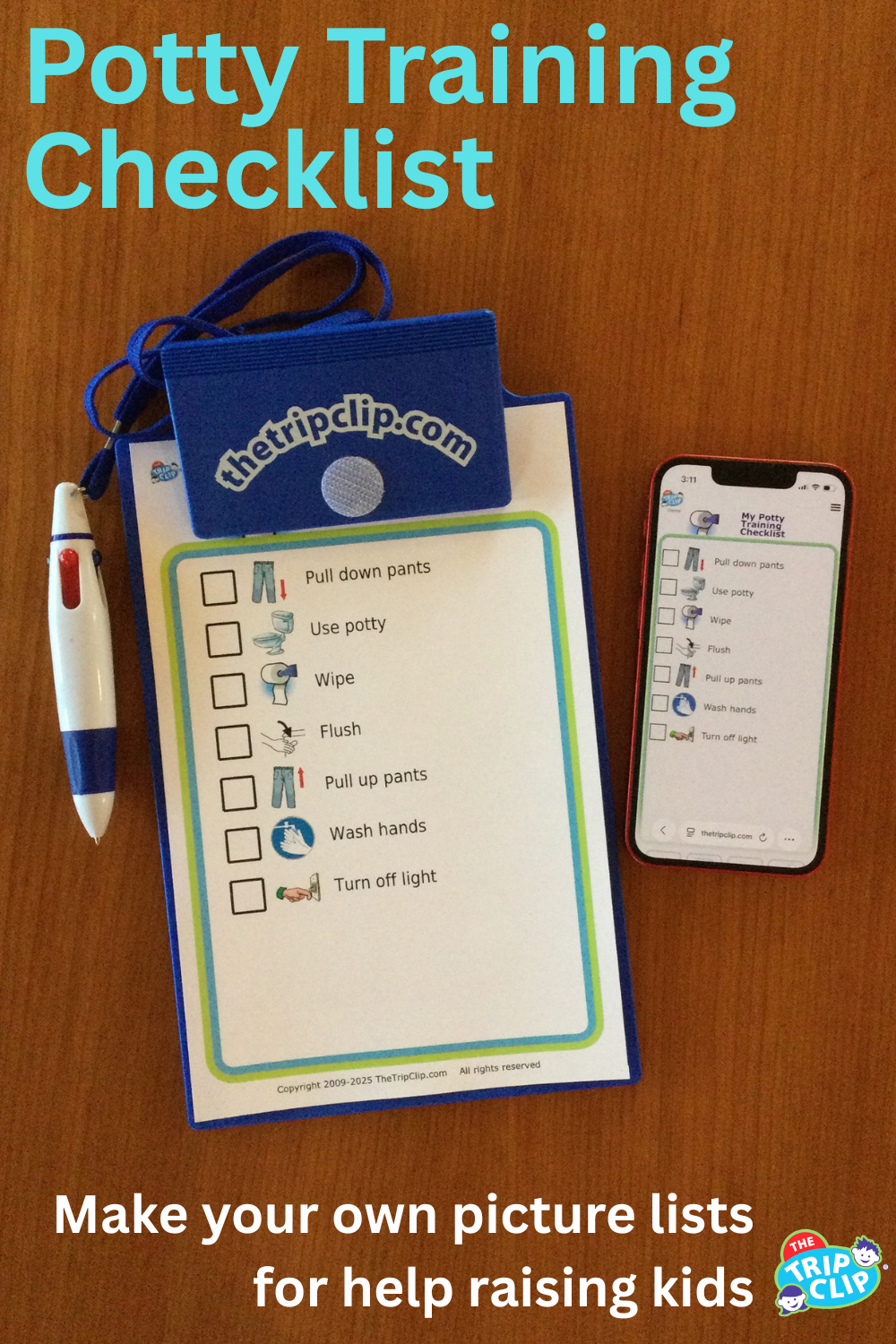 Picture checklist for steps to using the potty, shown on clipboard and iPhone