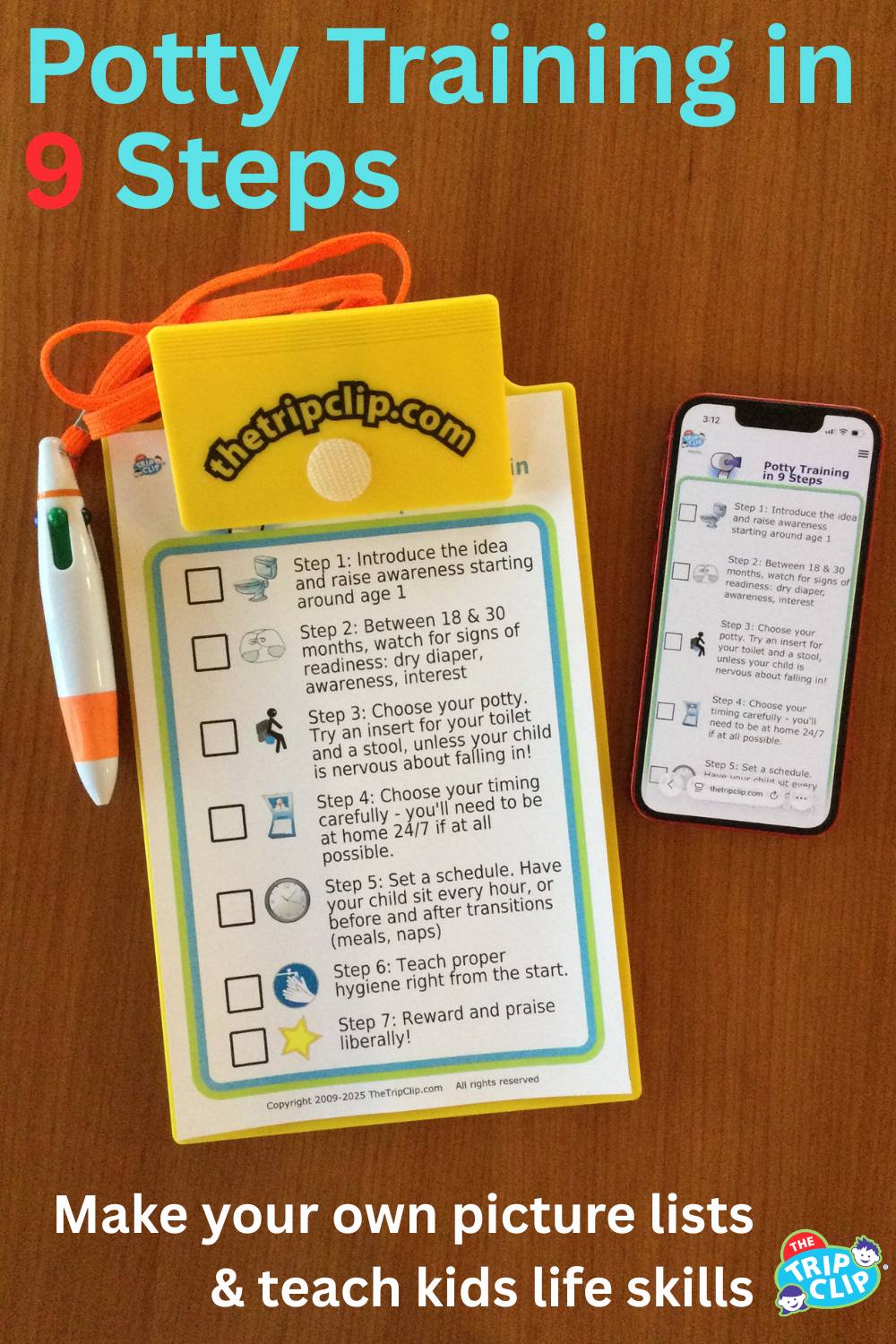 Picture checklist for how potty train your child in just 9 steps, shown on clipboard and iPhone
