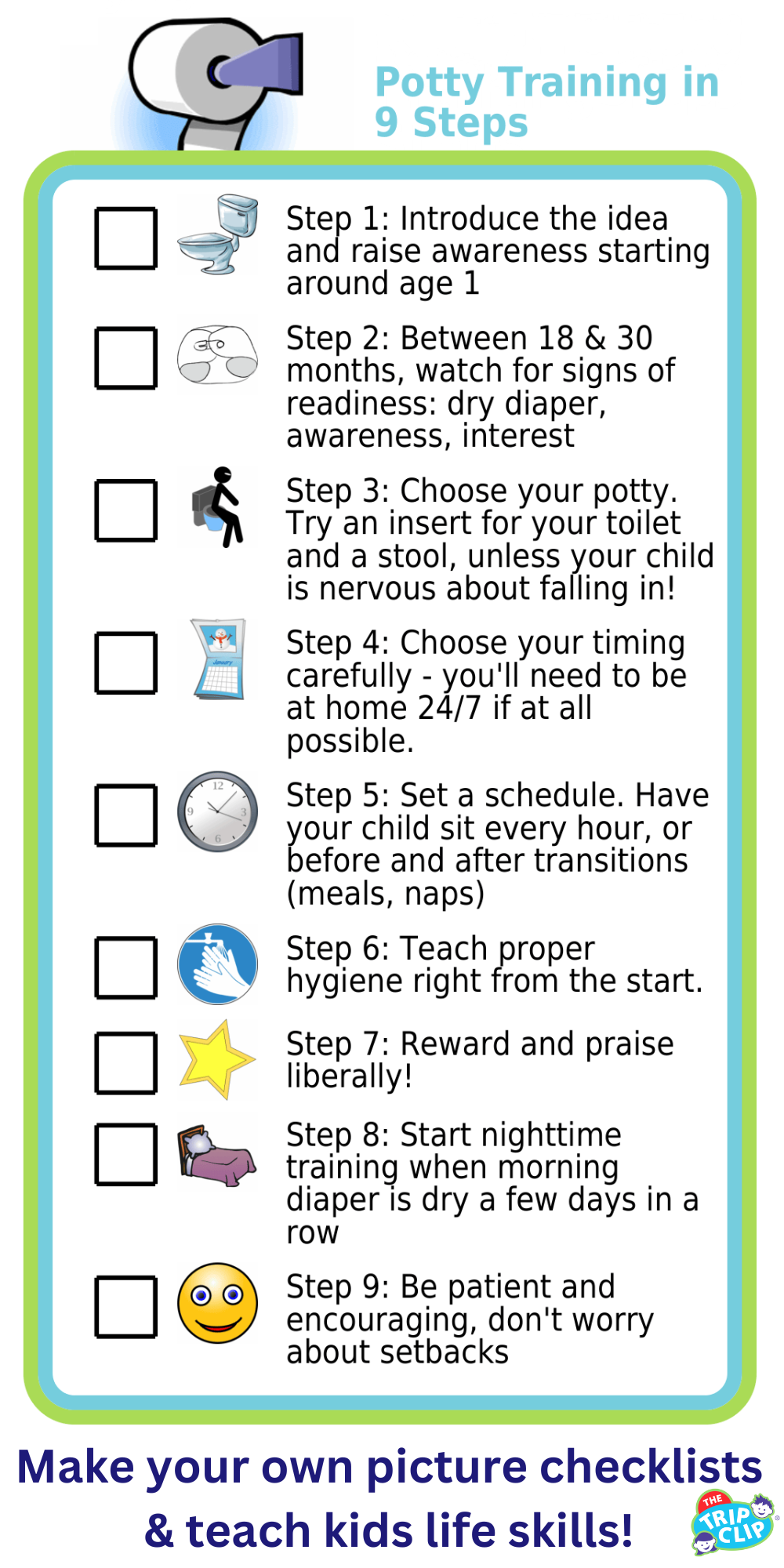 Picture checklist for how potty train your child in just 9 steps