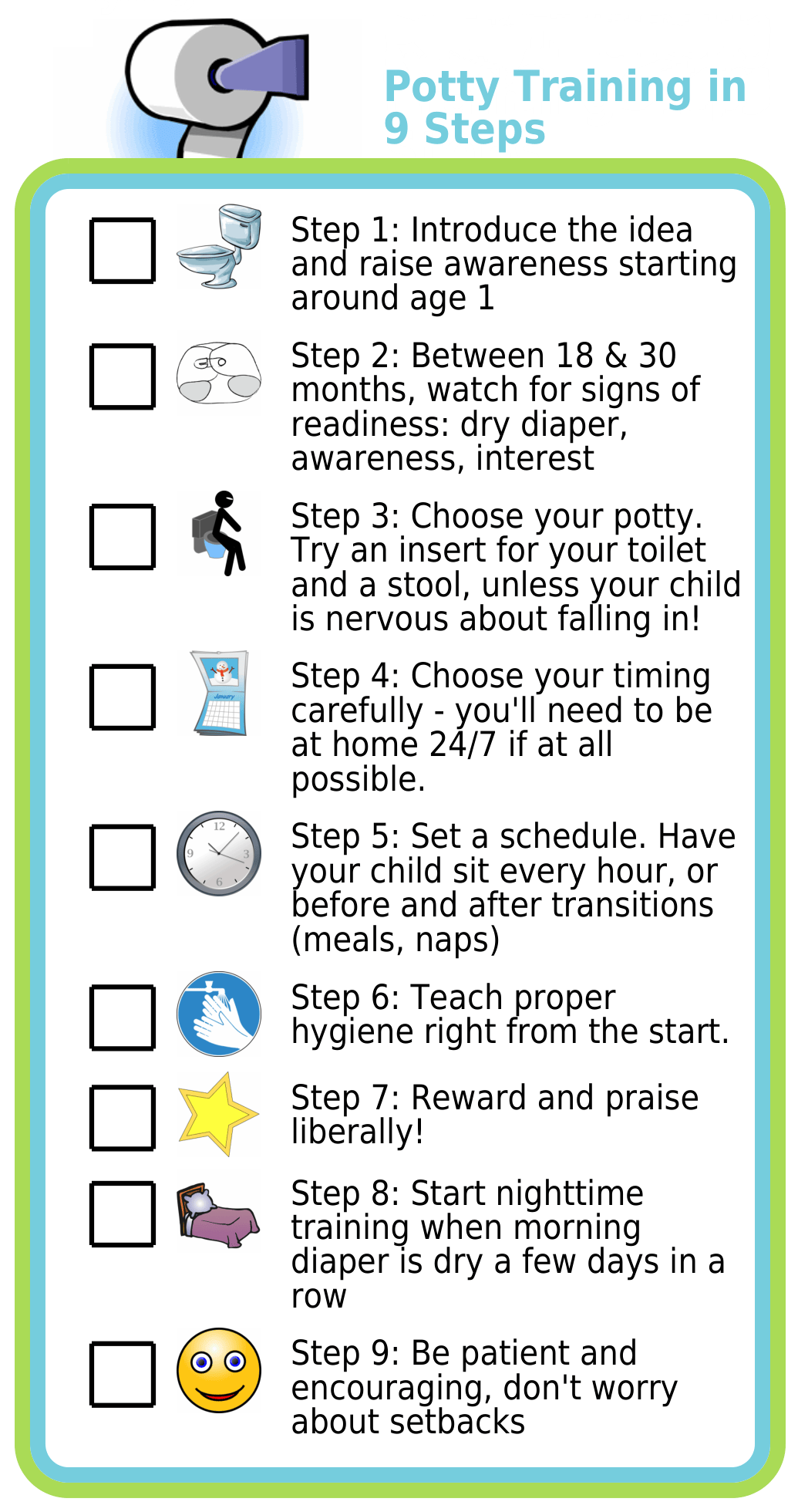 Picture checklist for how potty train your child in just 9 steps