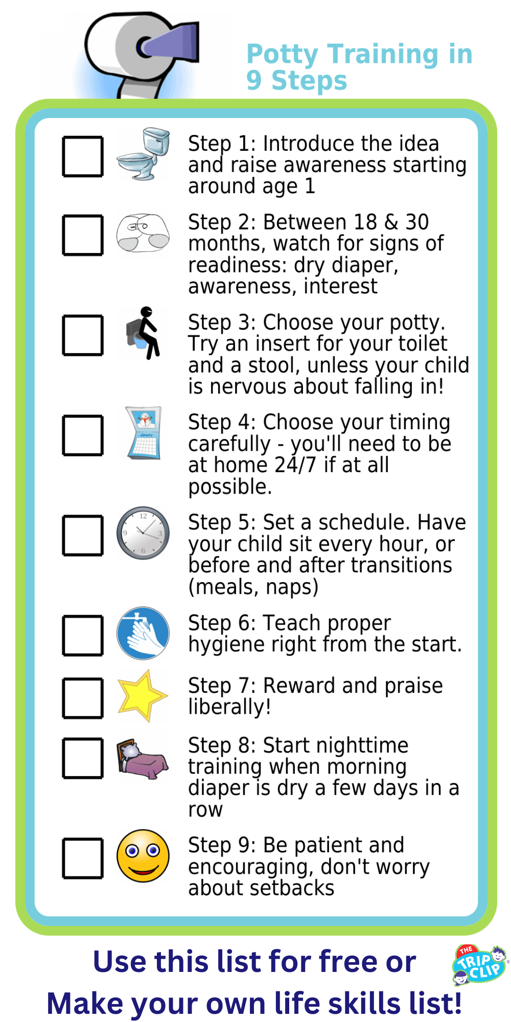 Picture checklist for how potty train your child in just 9 steps
