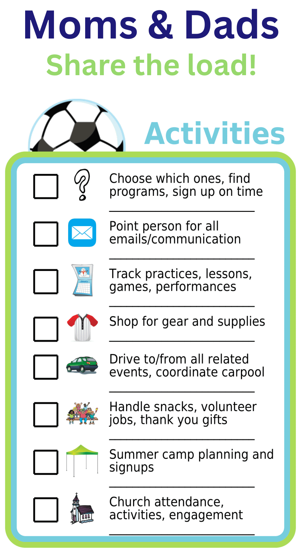Editable worksheet showing a lost of all the hidden labor in kids' extracurricular activities