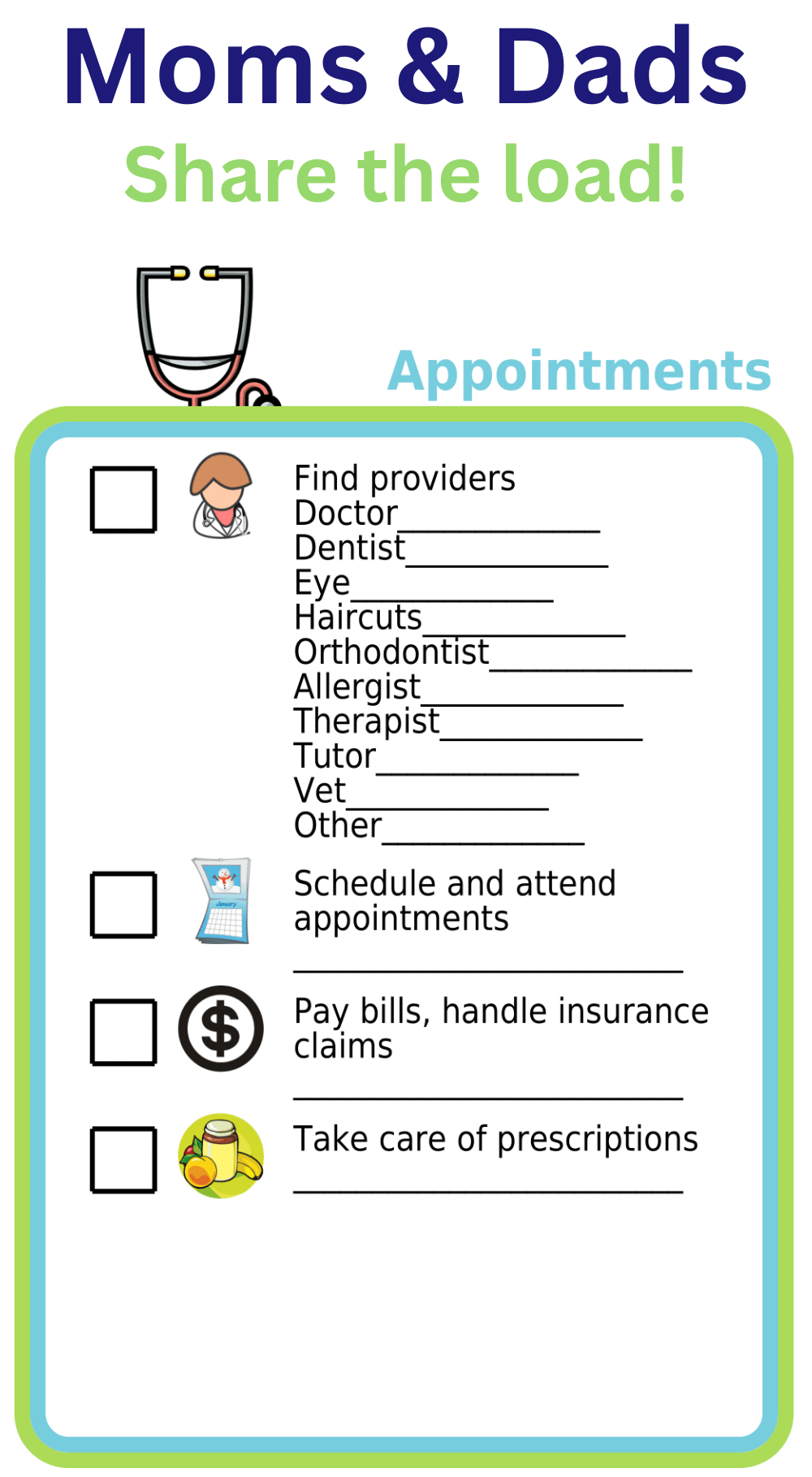 Editable worksheet enumerating all the work involved in kid dr, dentist, therapy, and hair appointments