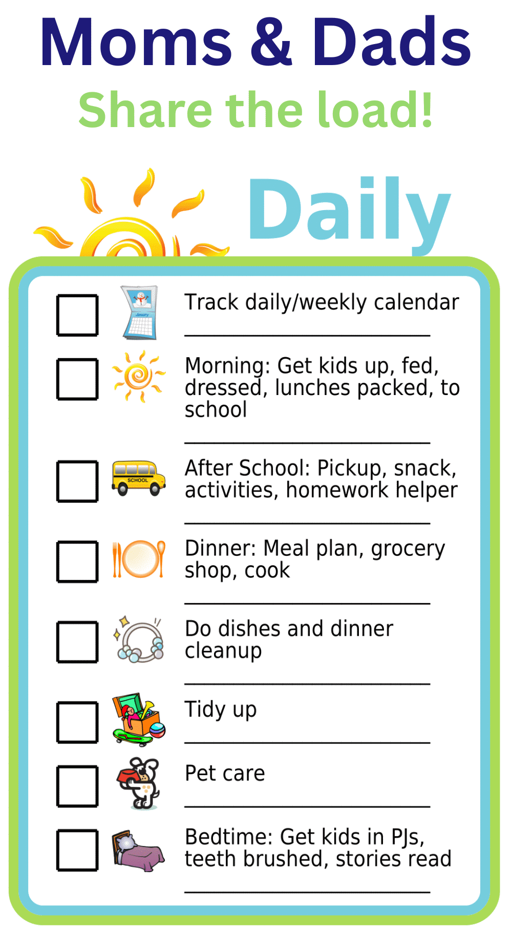 Editable worksheet showing 8 daily tasks: calendar, kids morning & bedtime, dinner, dishes, tidying, pet care
