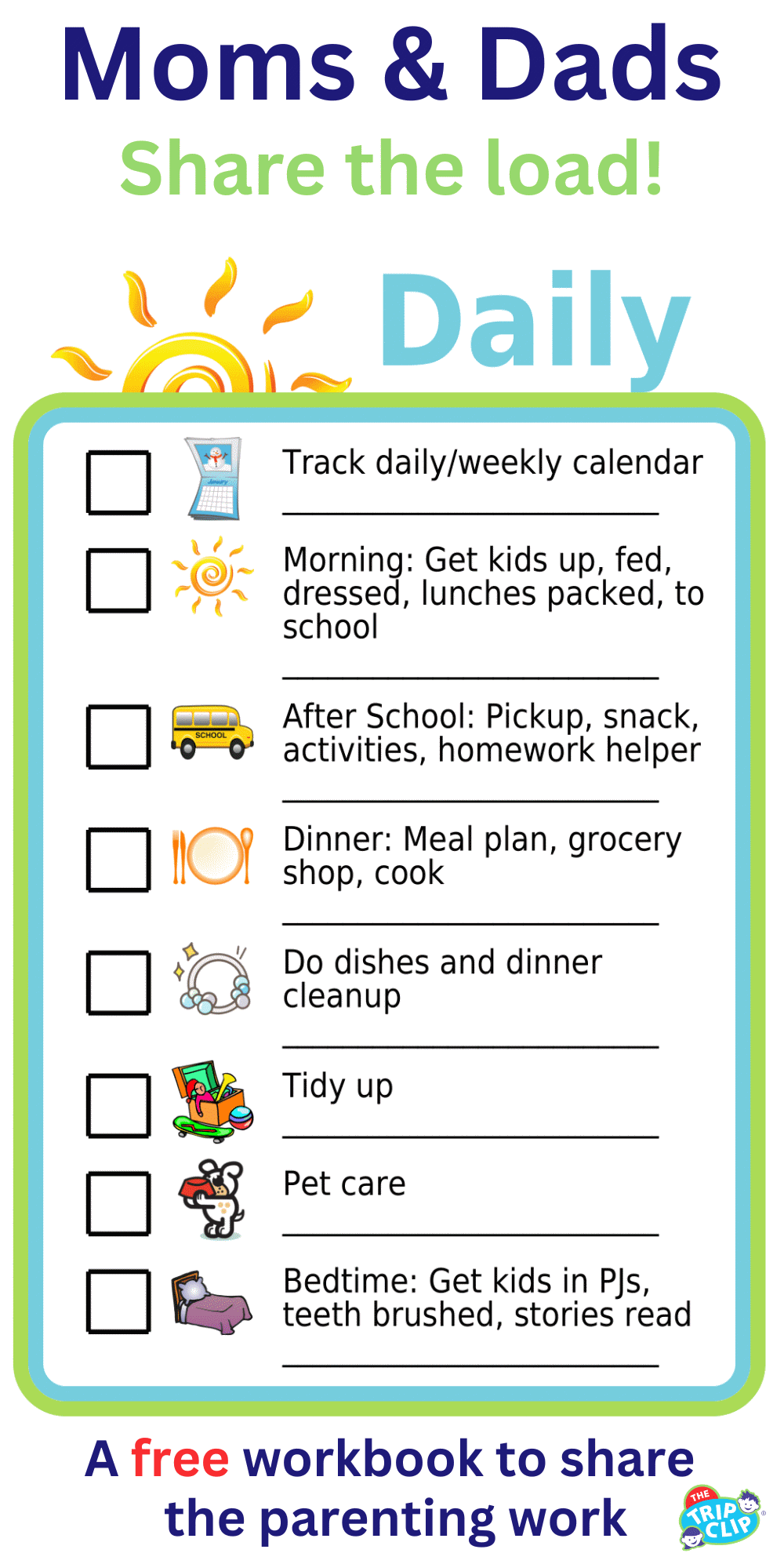 Editable worksheet showing 8 daily tasks: calendar, kids morning & bedtime, dinner, dishes, tidying, pet care