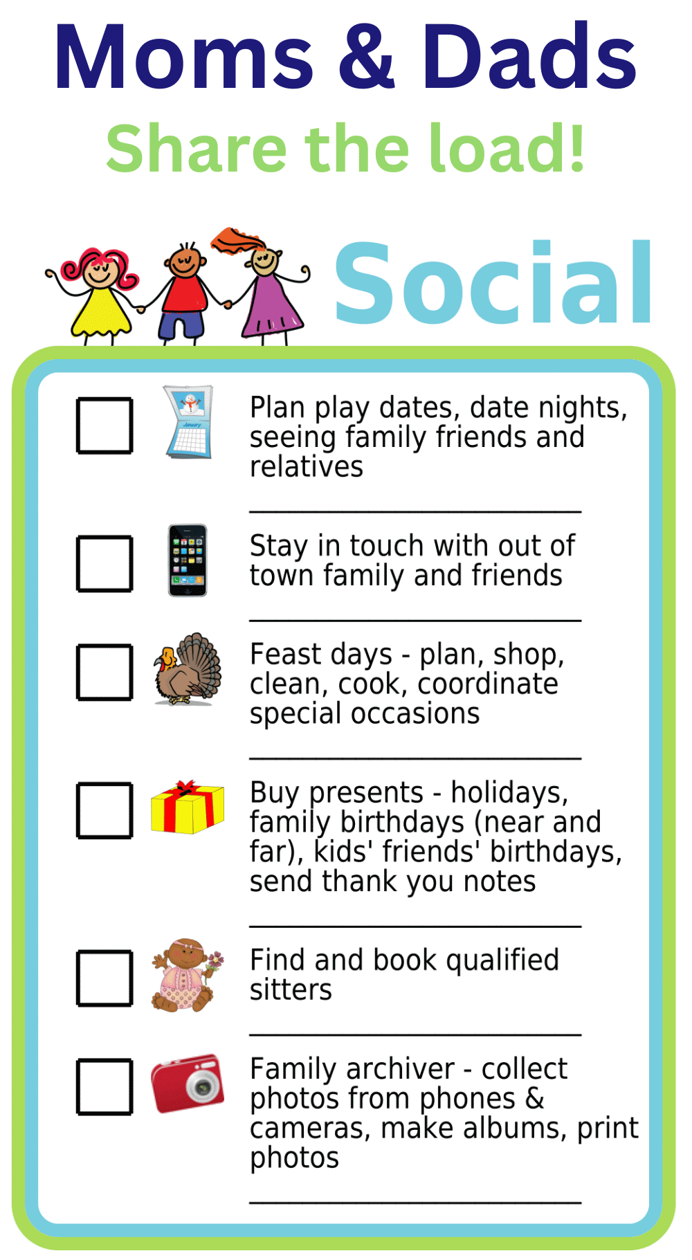 Editable worksheet showing 8 emotional labor tasks like handling holidays, planning social outings, and scrapbooking
