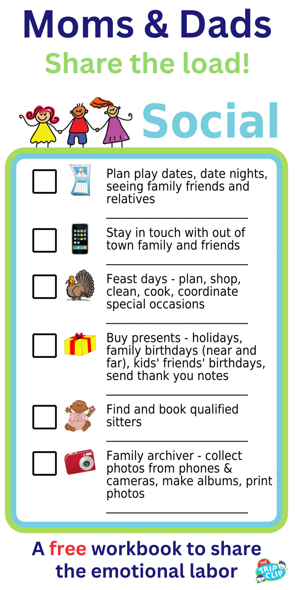 Editable worksheet showing 8 emotional labor tasks like handling holidays, planning social outings, and scrapbooking