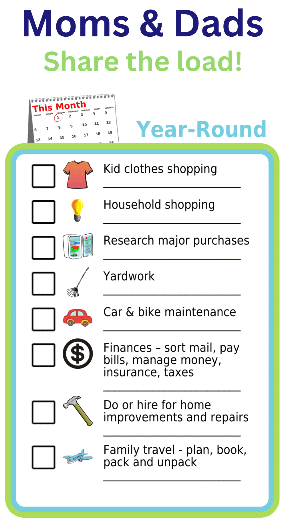 Editable worksheet showing 8 household tasks: clothes & household shopping, yard work, car maintenance, finances, repairs, travel planning