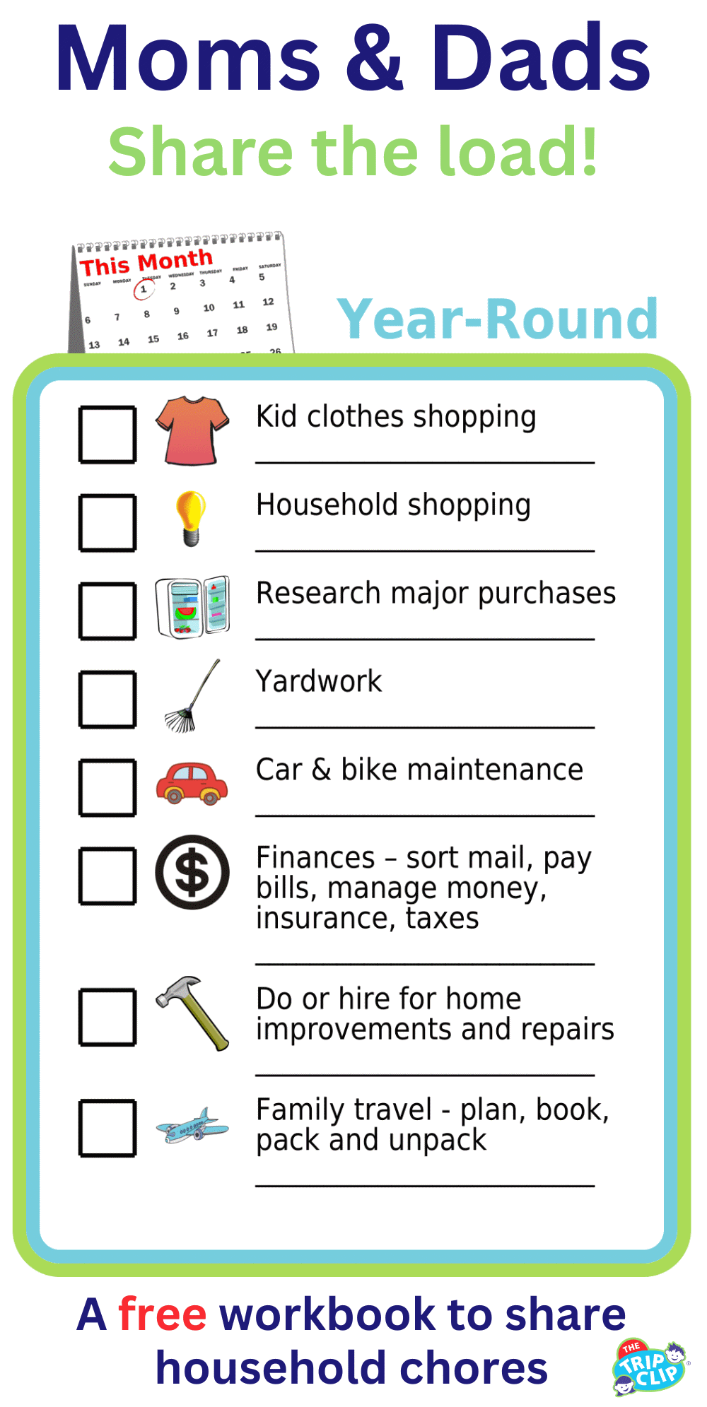 Editable worksheet showing 8 household tasks: clothes & household shopping, yard work, car maintenance, finances, repairs, travel planning