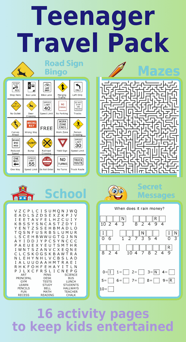 Teenager travel pack: road sign bingo, extreme maze, word search puzzle, cryptogram puzzles