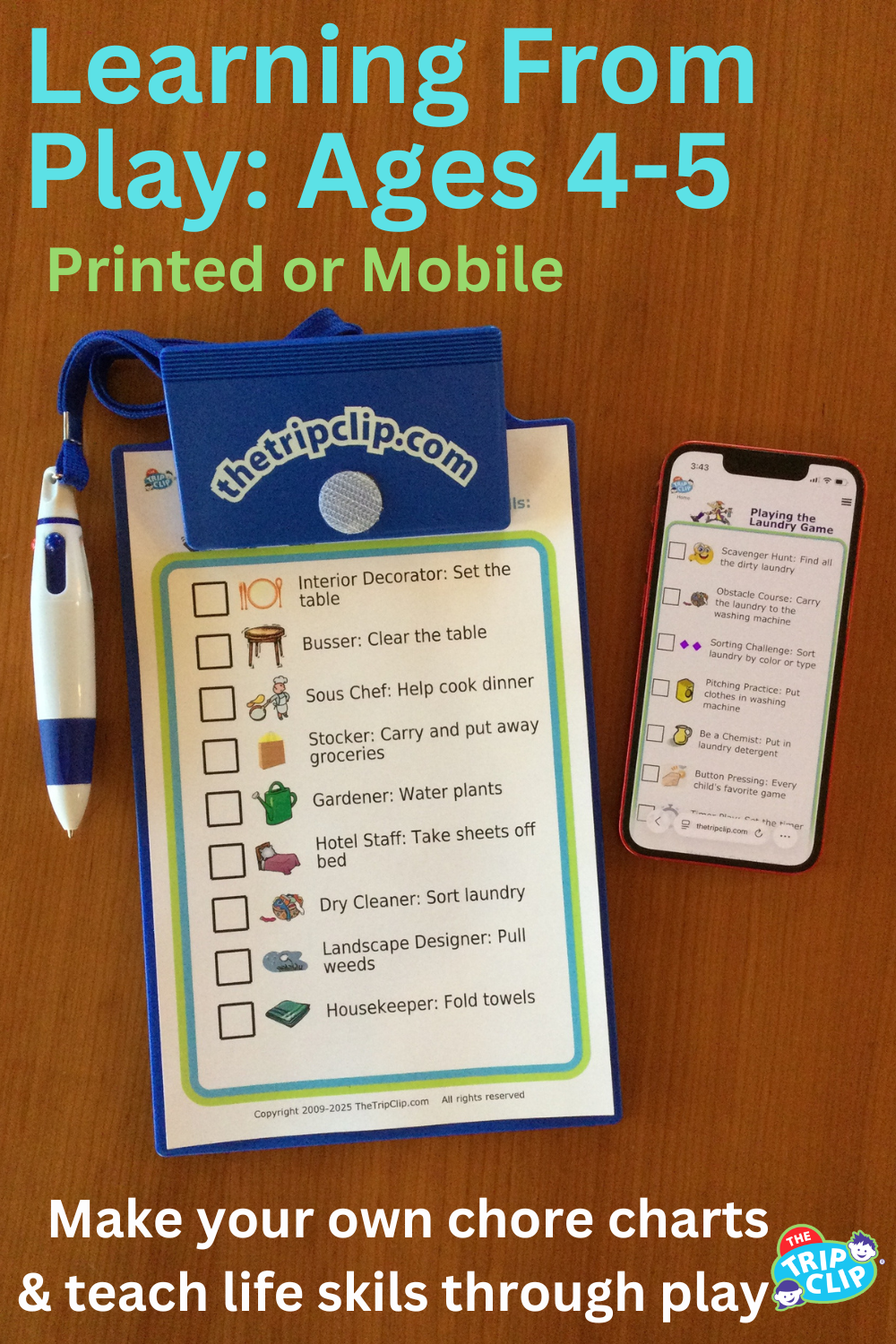 Picture checklist turning cleaning the house into a game, shown on clipboard and iPhone