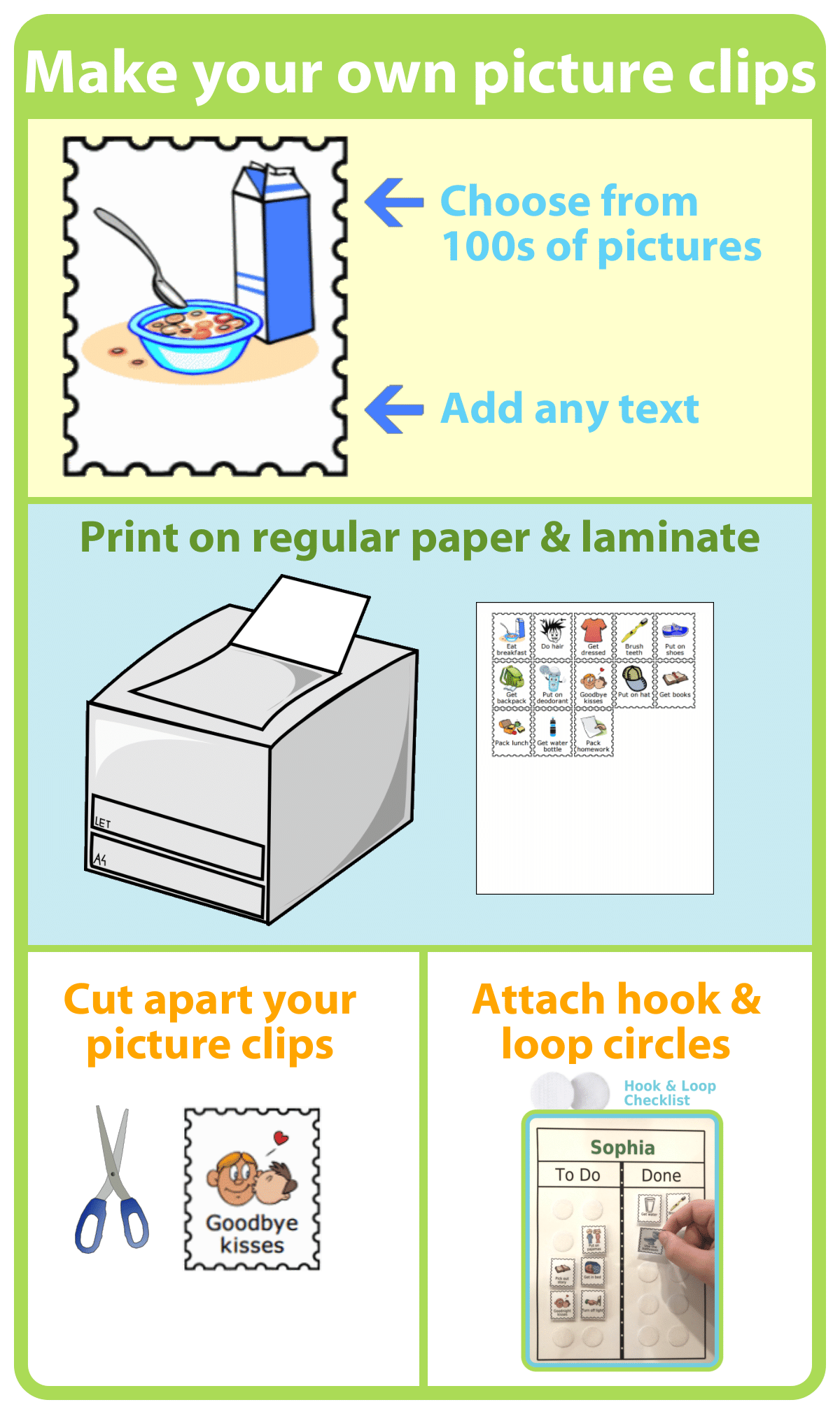Choose a picture and write any text to create a hook & loop checklist for your kids