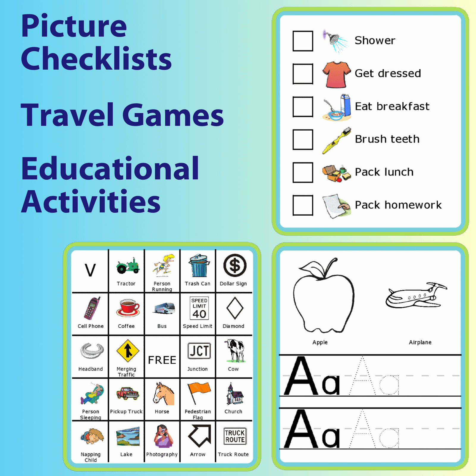 There are more than 30 activities to choose from! You'll find 15 picture checklists you can edit, print, and use on a mobile device, printable travel activities for great tech-free travel, and printable educational activities that you can easily customize to your child's age and abilities.