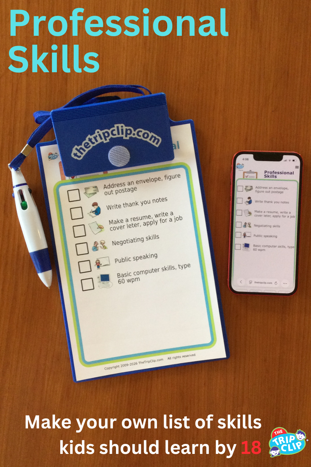 Picture checklists showing 6 professional skills for 18-year-olds, shown on clipboard and iPhone