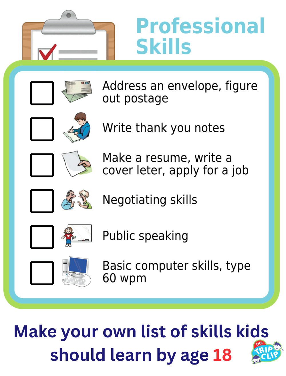Picture checklists showing 6 professional skills for 18-year-olds