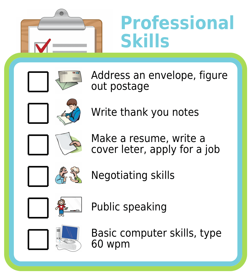 Picture checklists showing 6 professional skills for 18-year-olds