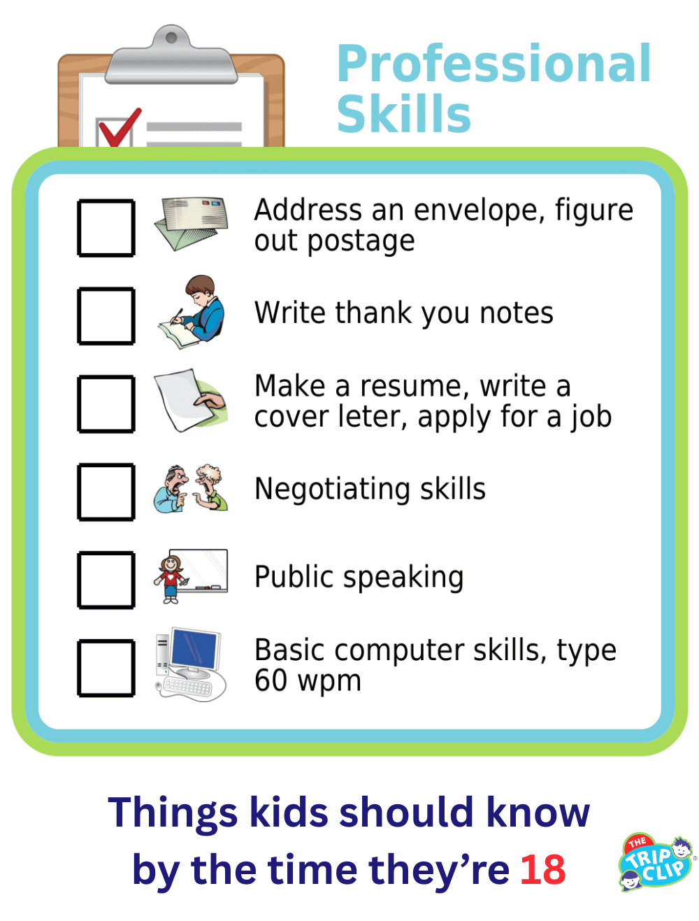 Picture checklists showing 6 professional skills for 18-year-olds