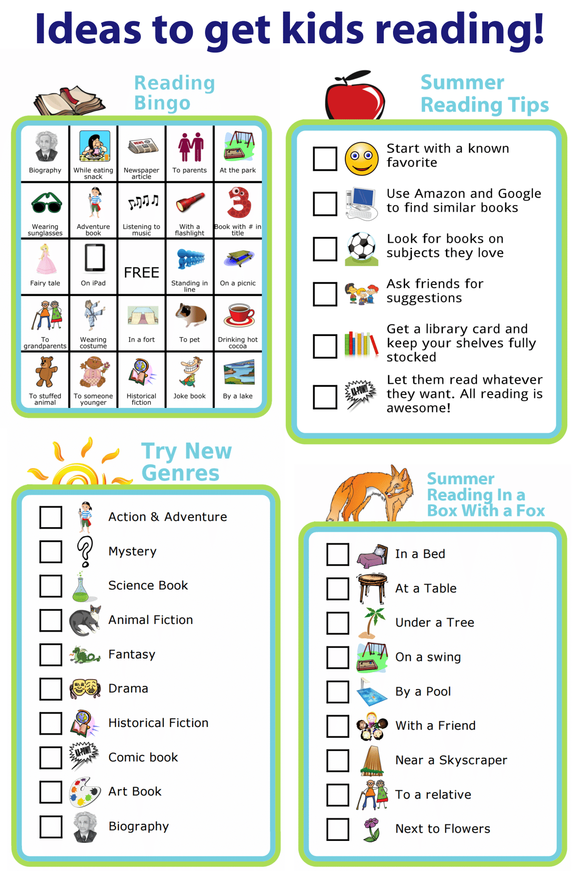 4 printables: a bingo board, tips for finding books, a list of genres to try, and creative places to read