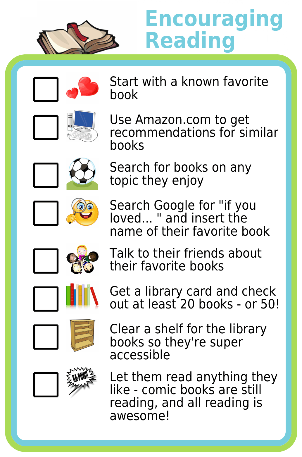 Picture checklist of a ideas for finding the right books for kids